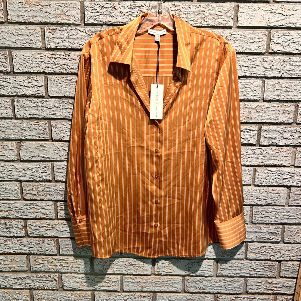 Maison d'Amelie Paris Womens Orange Striped Satin Button Down Shirt Size Medium